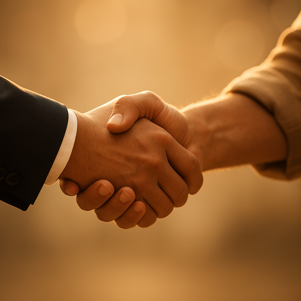 Two hands in a professional handshake bridging different worlds