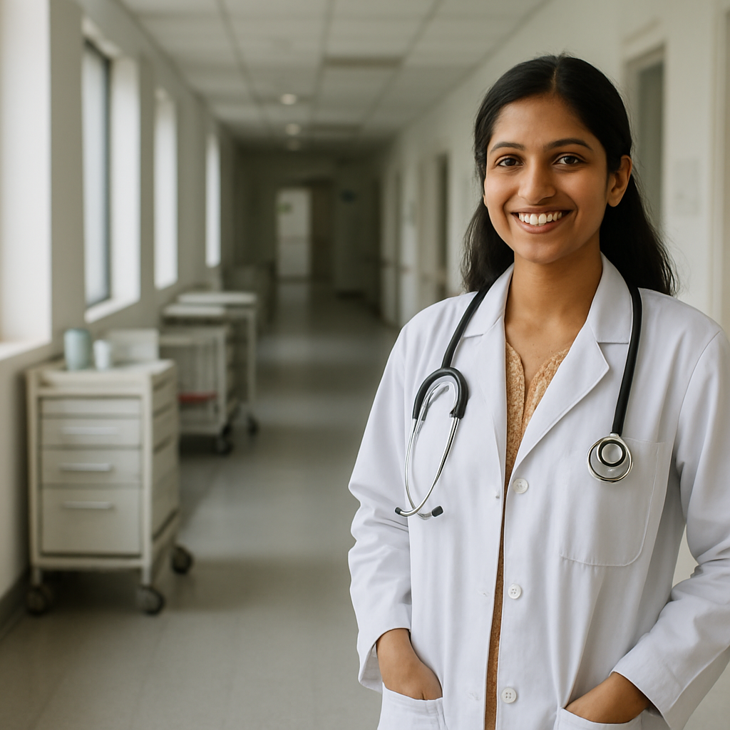 Doctor walking through a modern Indian hospital corridor