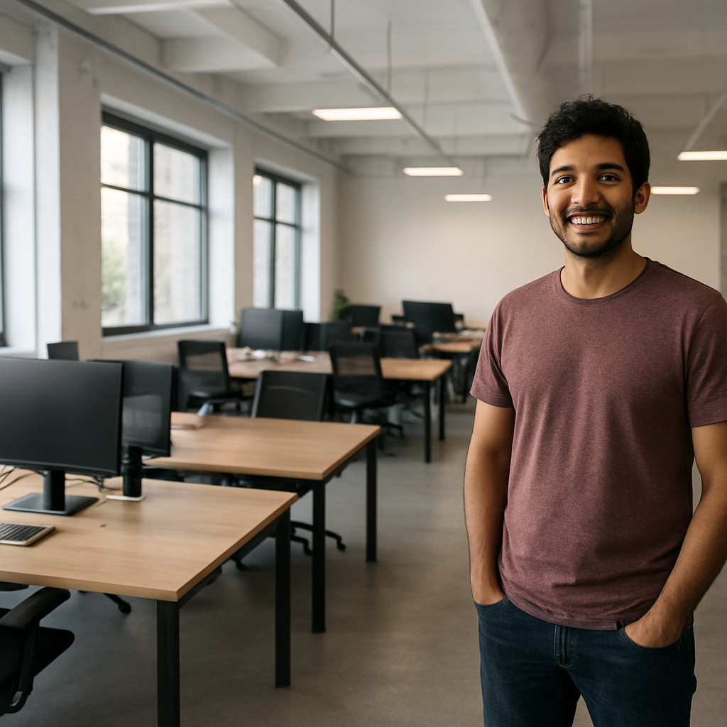Software engineer in a modern Indian tech office at dusk