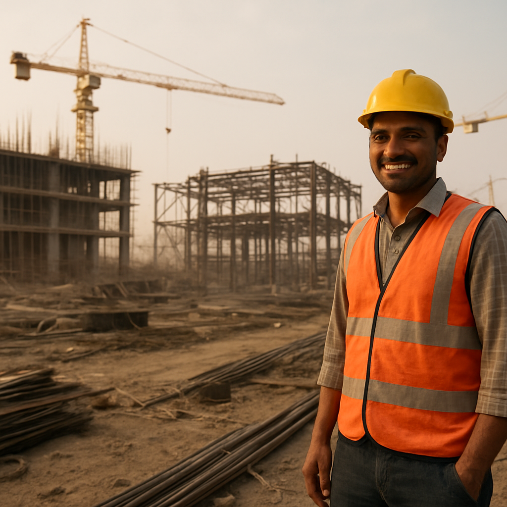 Construction worker on a busy Indian construction site with cranes and scaffolding