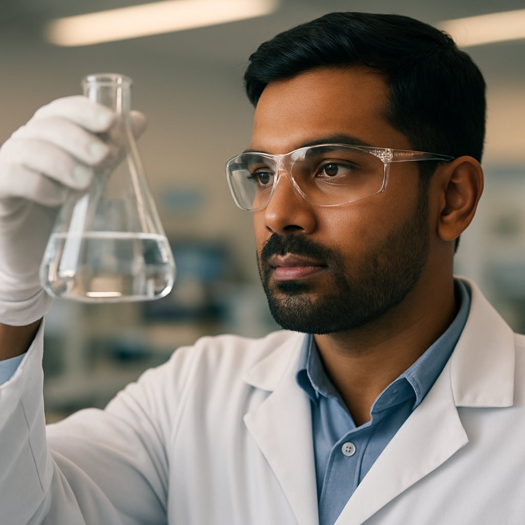 Pharma lab analyst examining a flask in a pharmaceutical laboratory