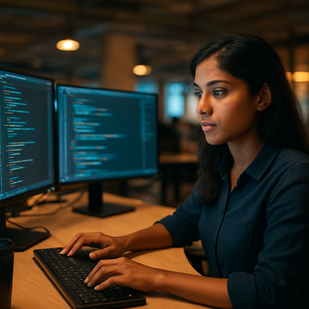 Software engineer working on multiple screens in a tech office