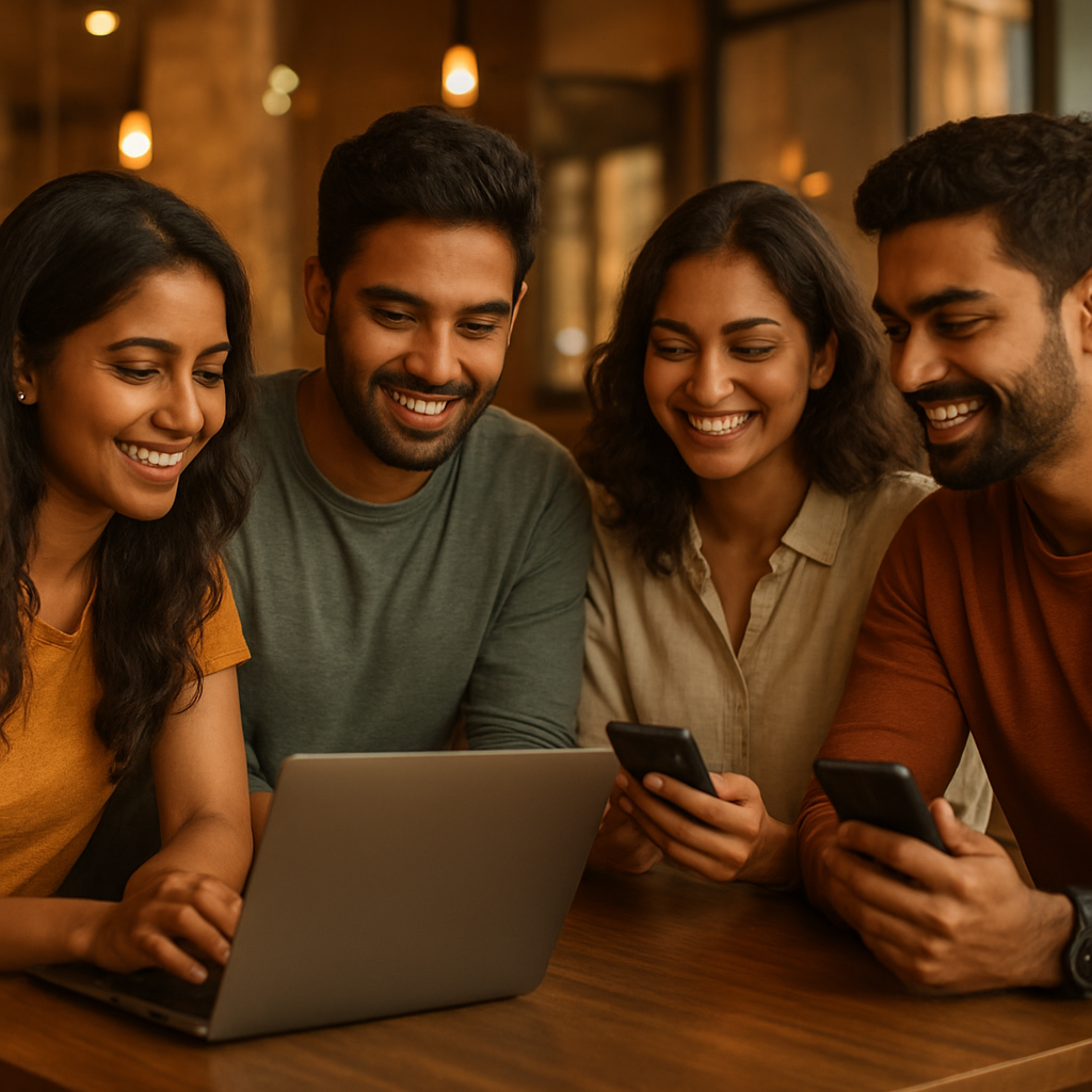 A group of young Indian volunteers collaborating on laptops and phones